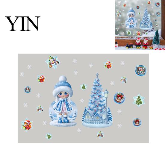 Snow Girl Glass Decals Blue Winter Christmas Static Window Cling, Cute Maiden Xmas Tree Easy Peel Stick Sticker Sticker, PVC Reusable Decal