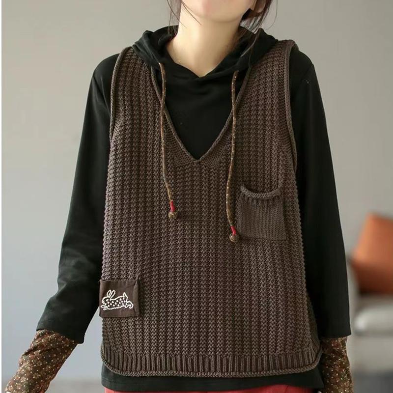 Винтажная мода V-образный вырез однотонный свитер жилет женский свободный повседневный универсальный пэчворк вязаный джемпер весенняя женская одежда