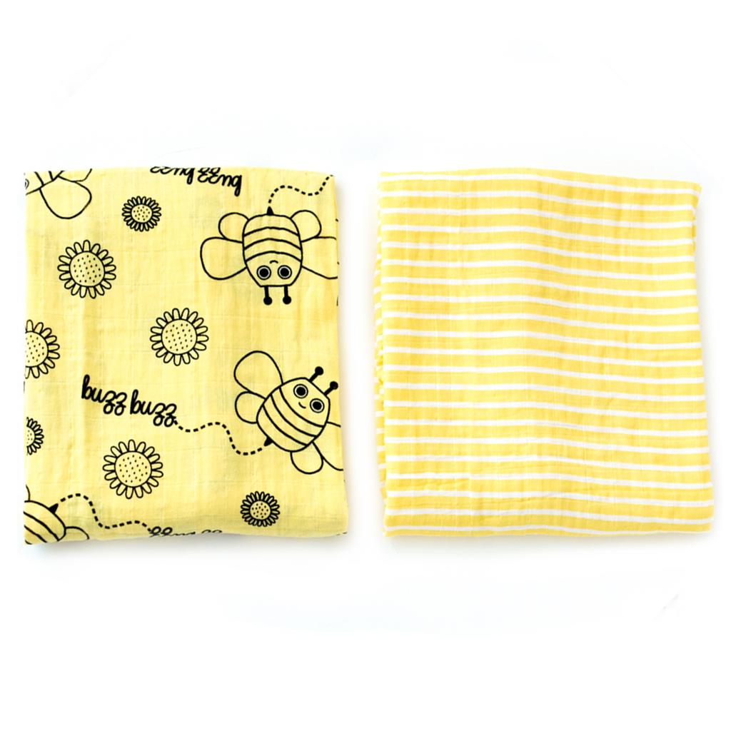 Milk&Moo Set of 2 Buzzy Bee Baby Muslin Swaddle Blanket, 100% Cotton, Ultra Soft