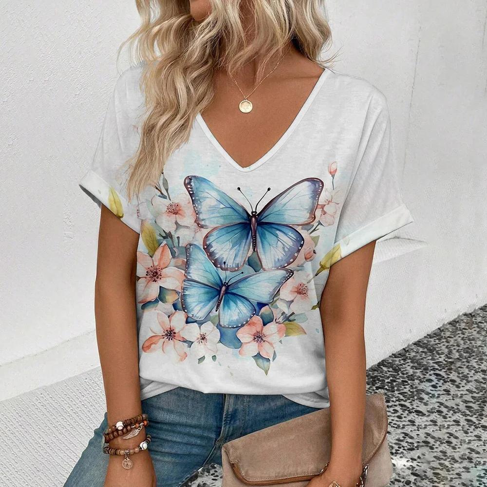 Summer Women T-shirt Butterfly Pattern V-Neck Tops Tees Female Fashion Trend Short Sleeve Clothing Ladies Daily Casual Outfit