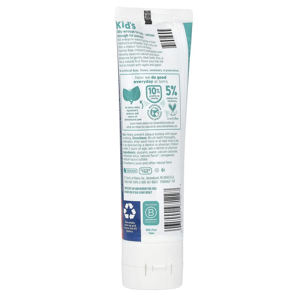 Tom's of Maine Детская натуральная зубная паста, без фтора, для детей от 2 лет, клубничный вкус, 144 г (5.1 унц)