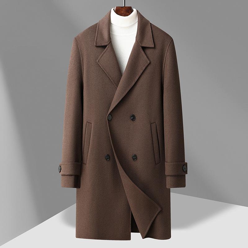 New Men's Double-sided Woolen Medium and Long Suit Collar Double-breasted Woolen Coat Simple Men's Korean Coat