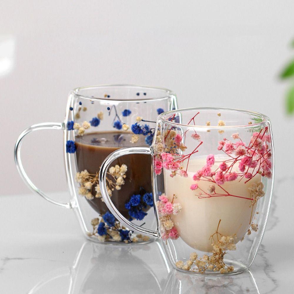 Heat Resistant Dried Flowers Glass Mugs 350ml Flower Cup Simple Coffee Mug  Home&Office