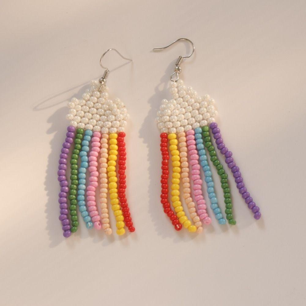 Native Style Beaded Tassel Earrings Bohemian Tiny Beads Jewelry Tassel Drop Earrings Beach