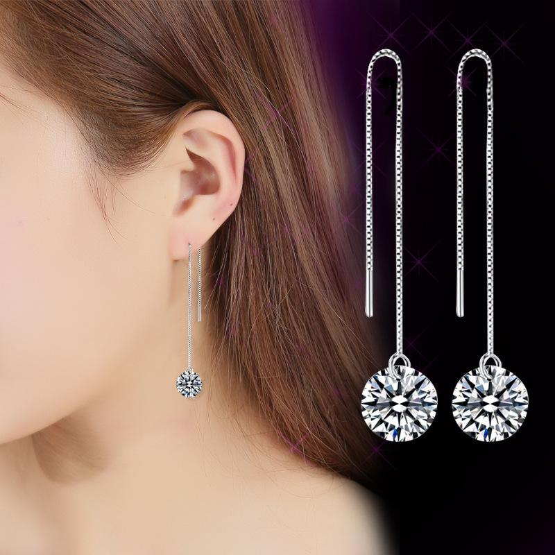 Женские корейские модные элегантные антиаллергенные серьги-гвоздики с 925 посеребренными цирконами, висячие серьги-гвоздики, женские простые длинные ушные цепочки, ювелирные изделия