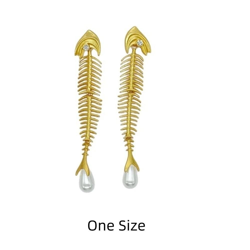 Punk Gothic Fish Bone Pearl Earrings Fishbone Shaped Drop Earrings Exaggerated Eardrop  Women
