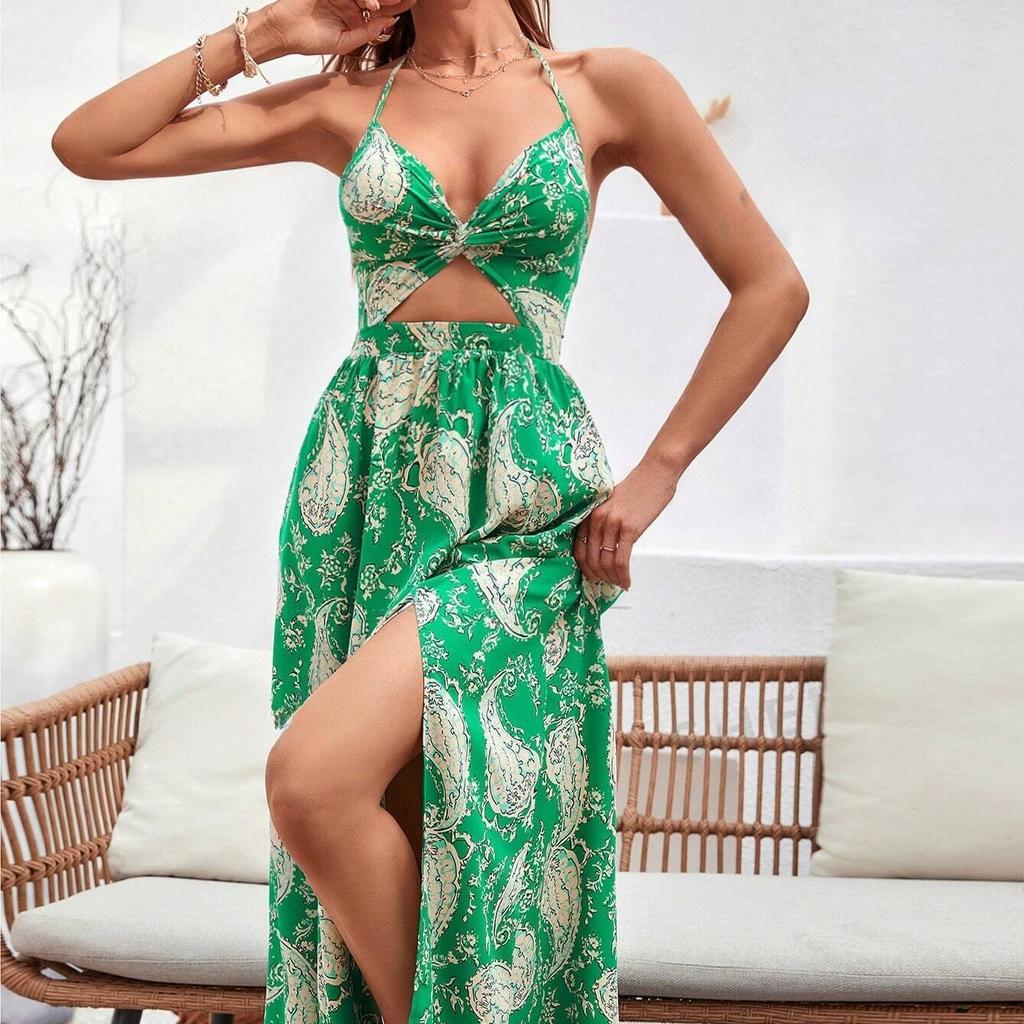 New Border Hollow Out Ruched Halter Print Dress Elegant Romantic Style