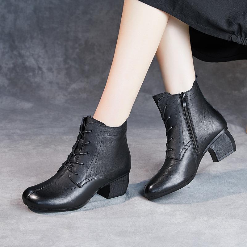 Винтажные короткие ботинки женские из коровьей кожи на среднем каблуке с круглым носком ботинки Мартина из коровьей кожи на высоком каблуке с боковой молнией на шнуровке ботинки для мамы