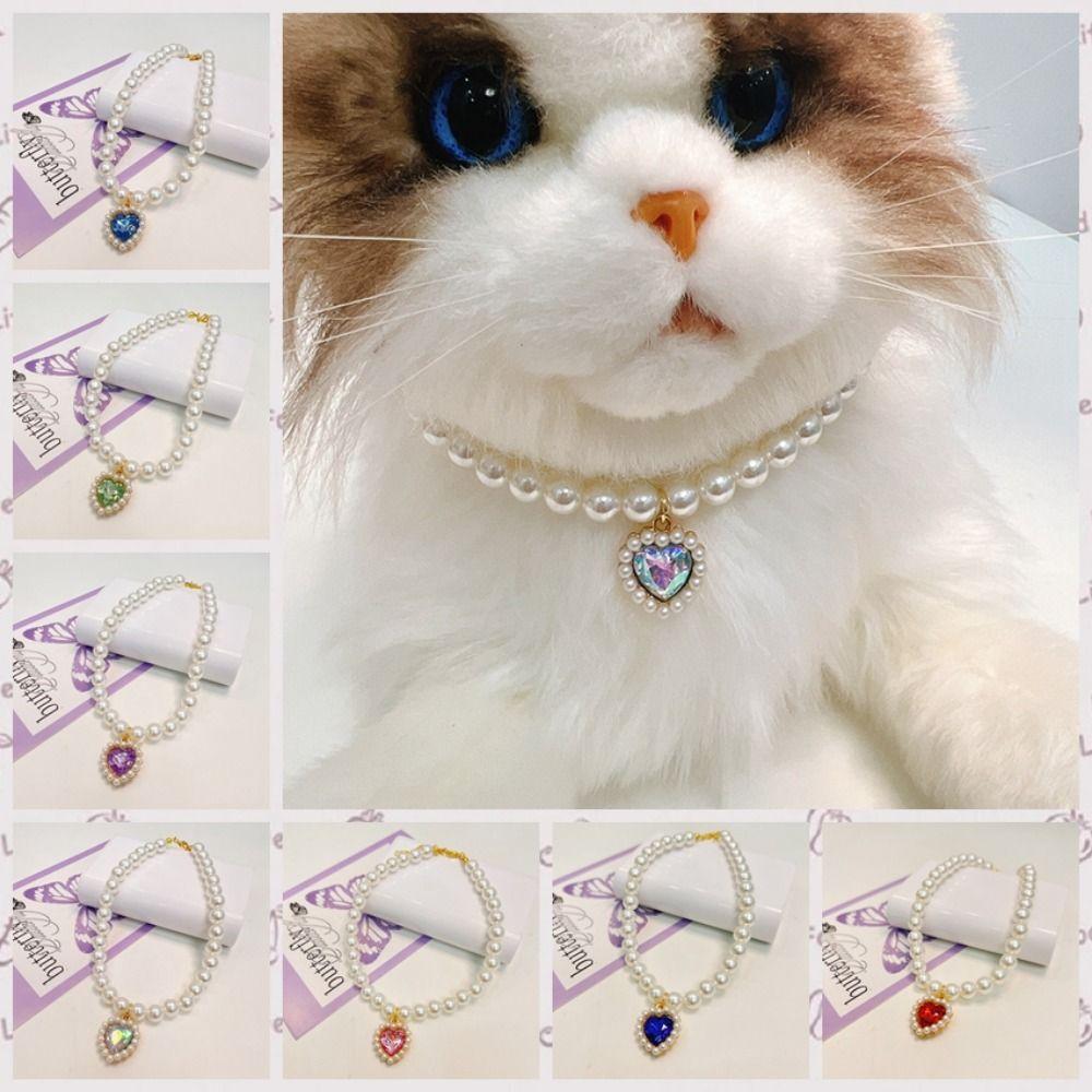 Artificial Pearls/Metal Rhinestones Cat Collar Decorative Pet Bling Princess Collar for Puppy Cats