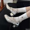 Ladies' Elegant  2025 Spring Style Women's Fashion One Line Buckle with Shallow Mouth Silver Mary Jane Single Shoes Square Heels