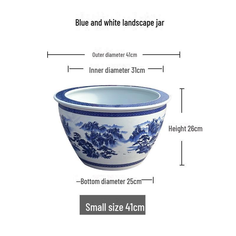 Blue & White Ceramic Large Outdoor Vase for Lotus, Aquatic Plants, or Fish