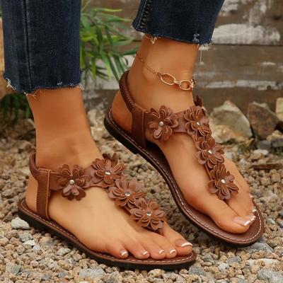 Женская обувь 2025 Высококачественные женские сандалии с защипнутым носком Модные цветочные пляжные сандалии Женские летние сандалии больших размеров на плоской подошве