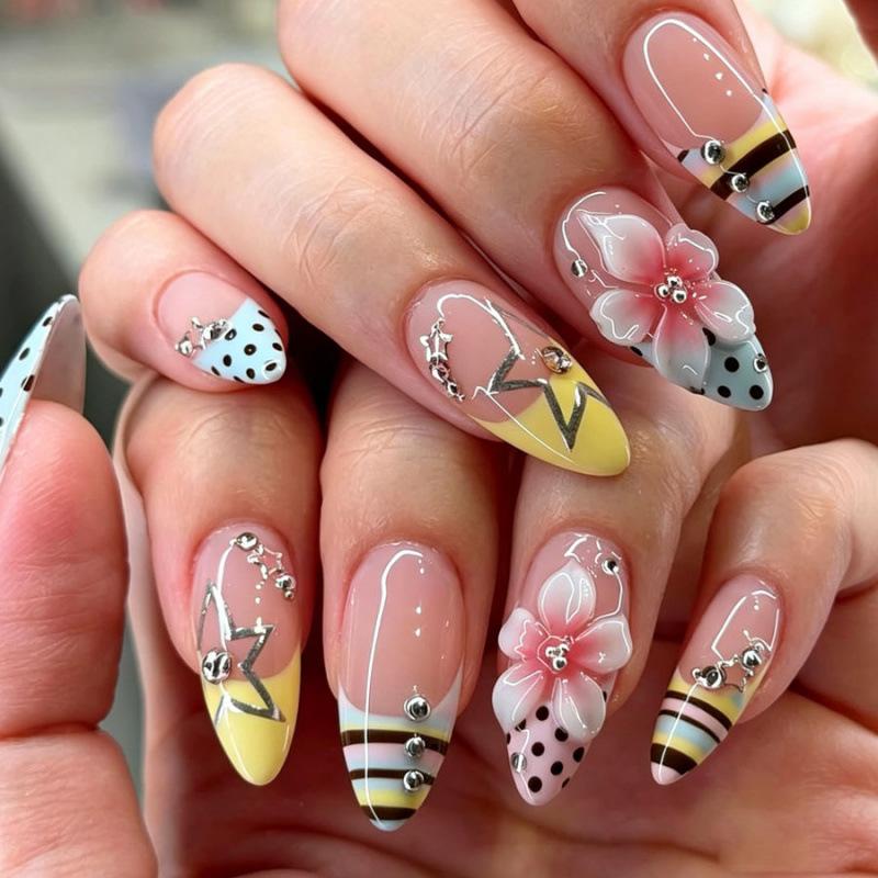 24Pcs Pink 3D Flower Star French False Nails Brown Stripes Retro Almond Press On Nails Sweet Acrylic Manicure