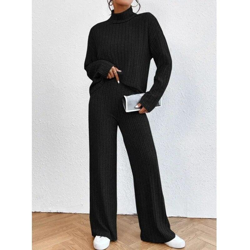 Осень-зима вязаная блузка и длинные брюки 2 комплекта из двух предметов женские наряды модные повседневные свободные топы с высоким воротом и длинными рукавами
