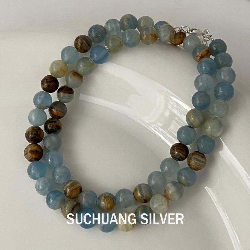 Серебряное ожерелье-чокер SuChuang с аквамариновыми бусинами - Простое и универсальное женское украшение.