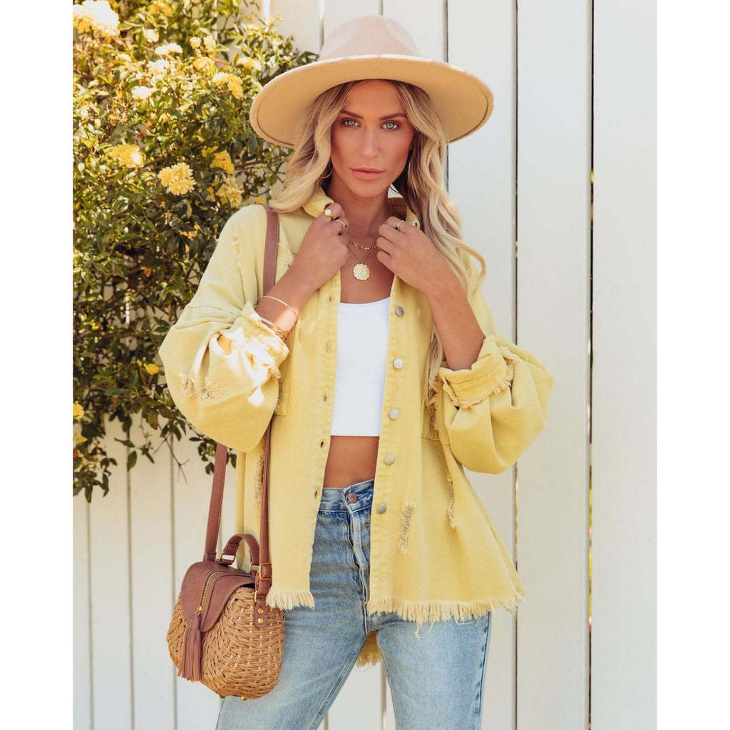 Lapel Long Sleeve Vintage Street Ripped Raw Edge Denim Jacket Women's