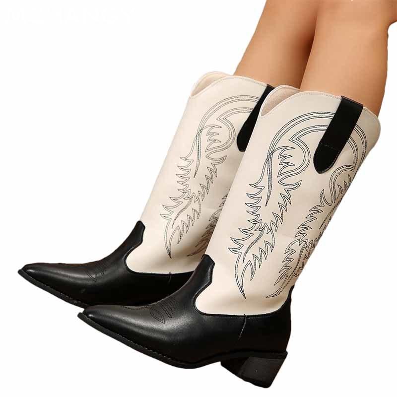 Остроносые массивные женские сапоги до середины голени, элегантные модные кожаные туфли на среднем каблуке, зимние новые брендовые туфли-лодочки для ходьбы Botas Mujer