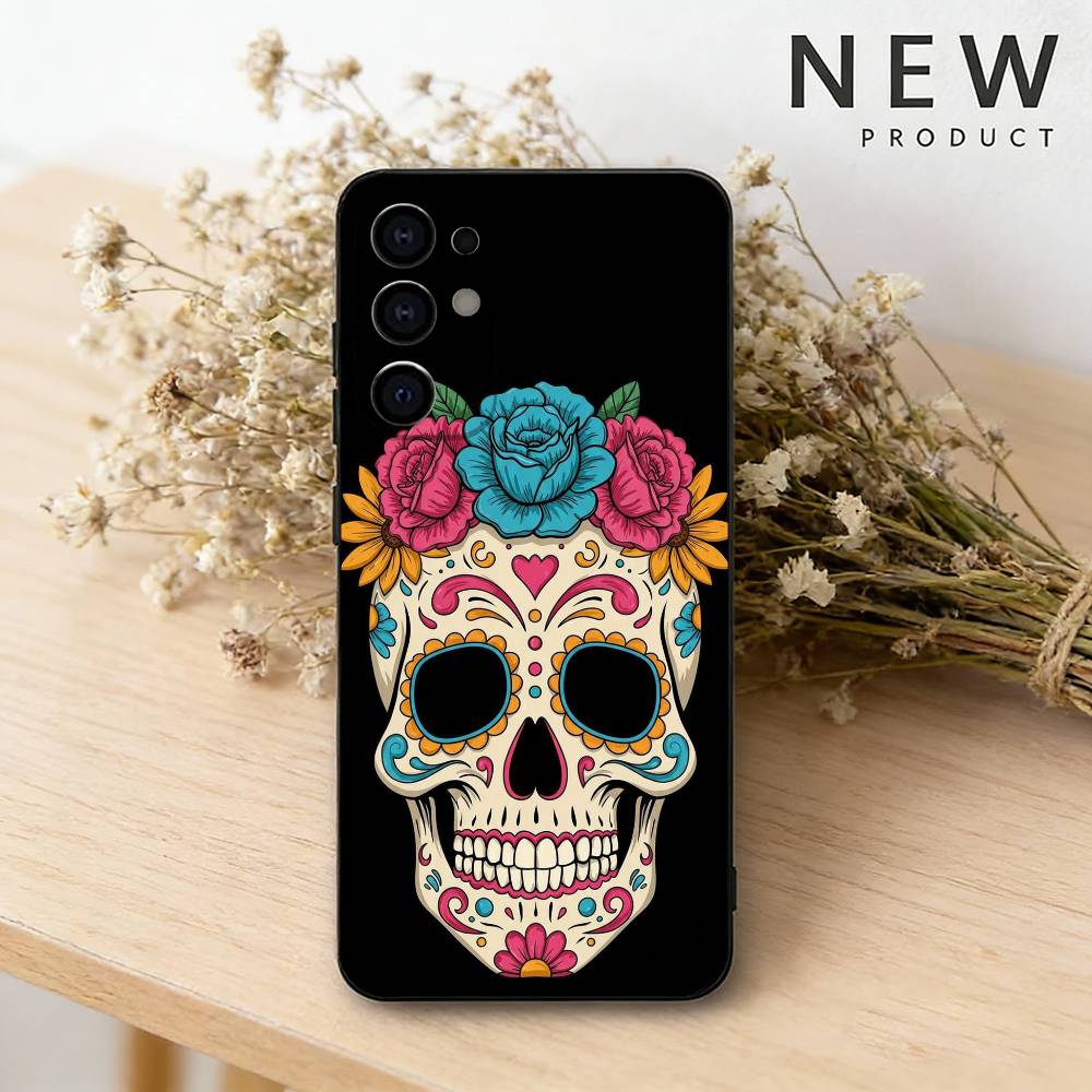 Чехол для телефона с мексиканским черепом Катрина для Samsung S26,25,24,23,22,21,20,30,Ultra,Plus,Fe,Lite Черный корпус