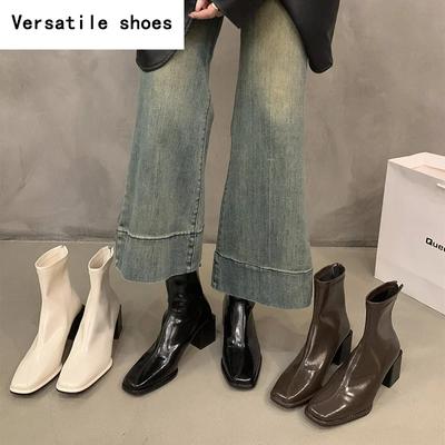 Женские ботильоны, модные туфли с квадратным носком и молнией сзади, винтажные туфли с квадратным каблуком, осень-зима, женские короткие ботильоны