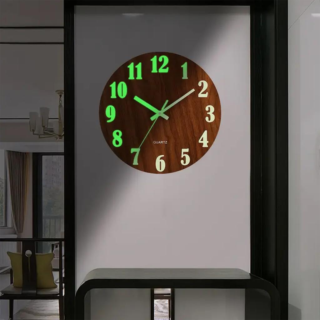 Wooden Simple Luminous Wall Clock 12 Inch Round Clock Durable Analog Clock for Living Room Bedroom Office Decor