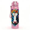 1PC Bull Head Floral Vintage Pattern 750ml Color Plastic Sports Water Bottle Leakproof Flip Straw Lid Suitable for Sports Office Home Use