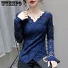 Autumn and Winter Padded Sexy V-neck Long-sleeved Cross Slim Age-reducing Blouse Hundred Lace Bottoming Shirt