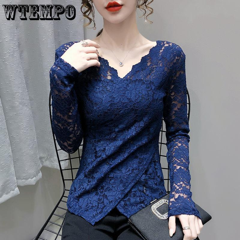 Autumn and Winter Padded Sexy V-neck Long-sleeved Cross Slim Age-reducing Blouse Hundred Lace Bottoming Shirt
