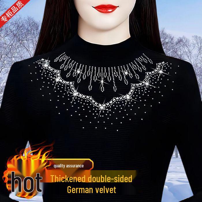 2024 Осень/Зима Женский Премиальный Топ Базового Слоя Облегающего Кроя Однотонный с Горячей Стразой