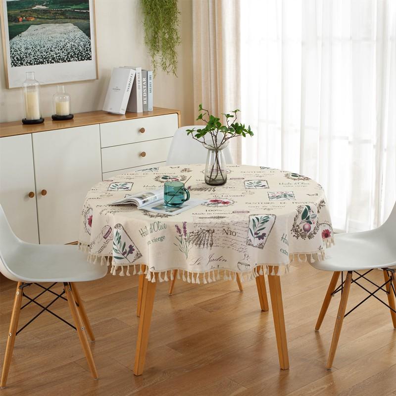 Rustic Cotton Floral Tablecloth With Tassels Round Waterproof Dining Table Cover Kitchen Home Decor