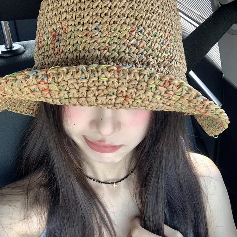 Women Summer Handwoven Rainbow Straw Hat Korean Fashion Wide Brim Breathable Cap for Beach Travel Sun Coverage