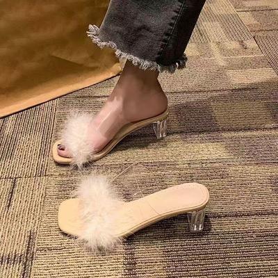 Летние новые однословные тапочки женственность пушистые декоративные крутые тапочки темперамент толстые каблуки высокие каблуки