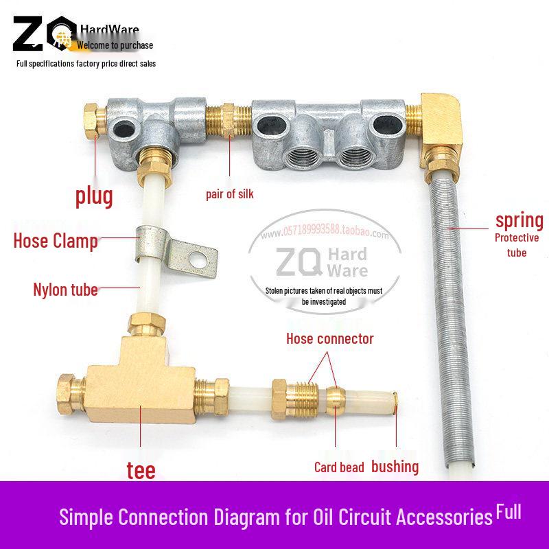 Oil Circuit Distributor Set: Nylon Tube, Copper Double-Ended Plug, Bushing, Inner Snap Ring (810x1 to 1/4), 68mm.