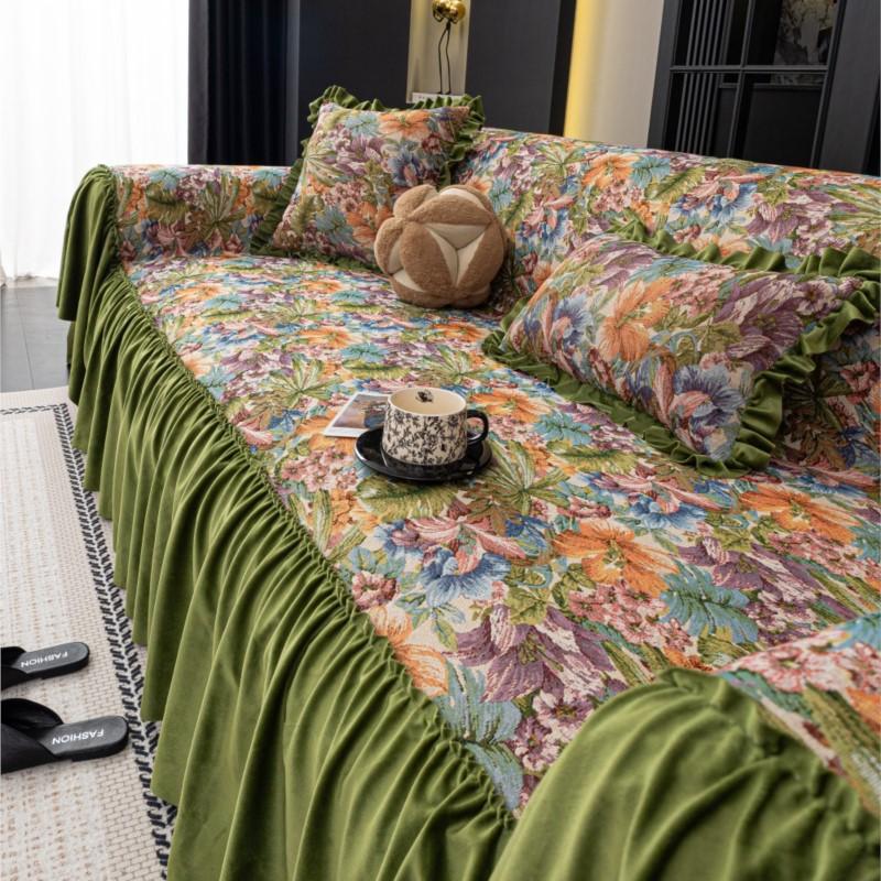 Harvest-Season Versatile Chenille Cloth Chilling Bloom Patterned Divan Couch Protector French-Inspired Ruffled-Design Border-Trim Topper