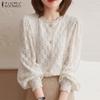Women Elegant Lace Round Neck Long Sleeve Printed Shirts