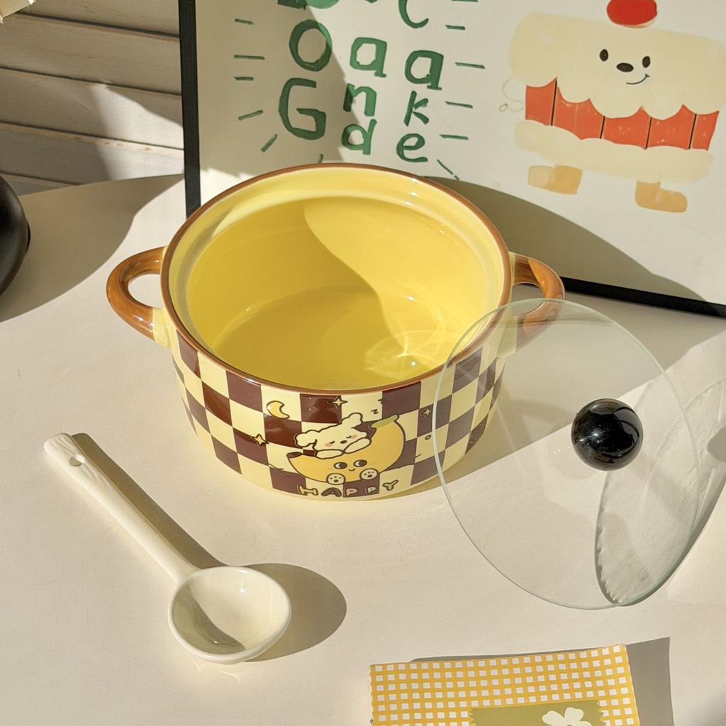 Ins Крем Ветер Банан Щенок Двуручная Миска для Лапши Быстрого Приготовления Студенческое Общежитие Миска для Риса 2025 Новая Миска для Порошка Улитки