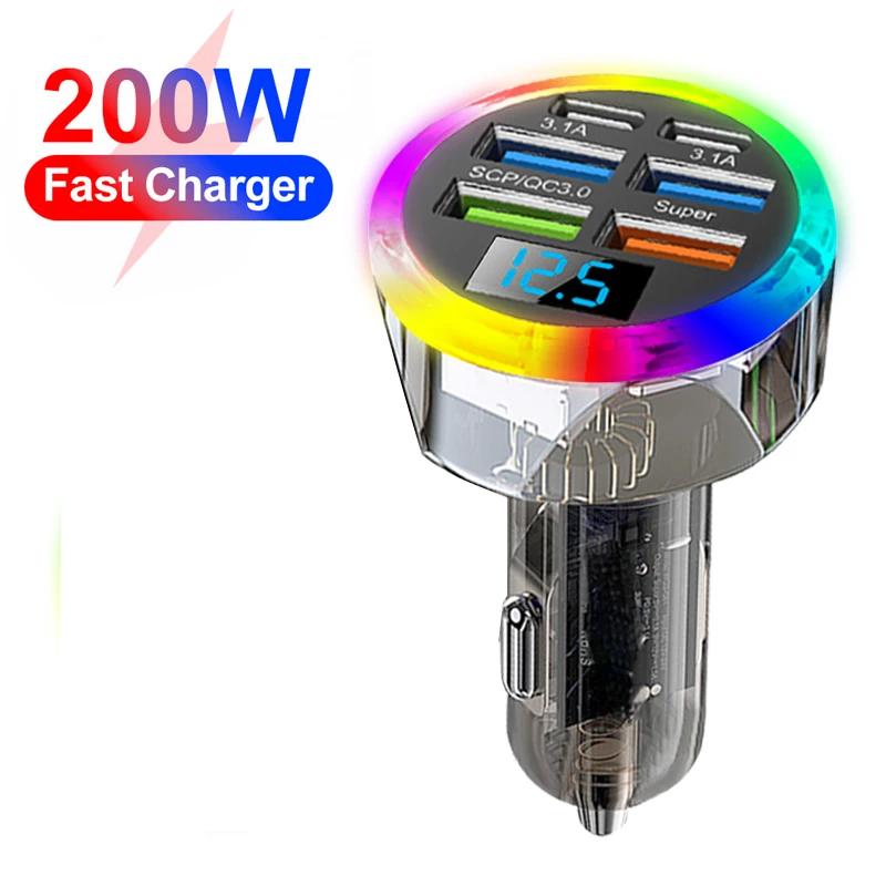 Автомобильное зарядное устройство на 5 портов со светодиодным дисплеем, быстрая зарядка QC3.0, порты USB PD 3.1A, универсальный автомобильный адаптер с контролем температуры