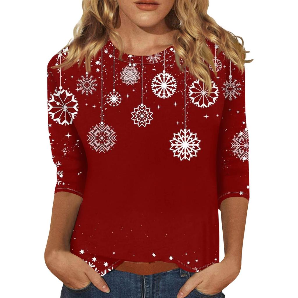 Women's Fashion Casual Seven Sleeve Christmas Printed Round Neck Top