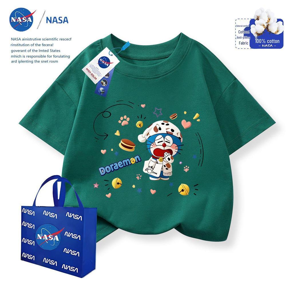 NASA x Doraemon Kids Cotton Round Neck T-Shirt with Embroidery Print, Short Sleeve