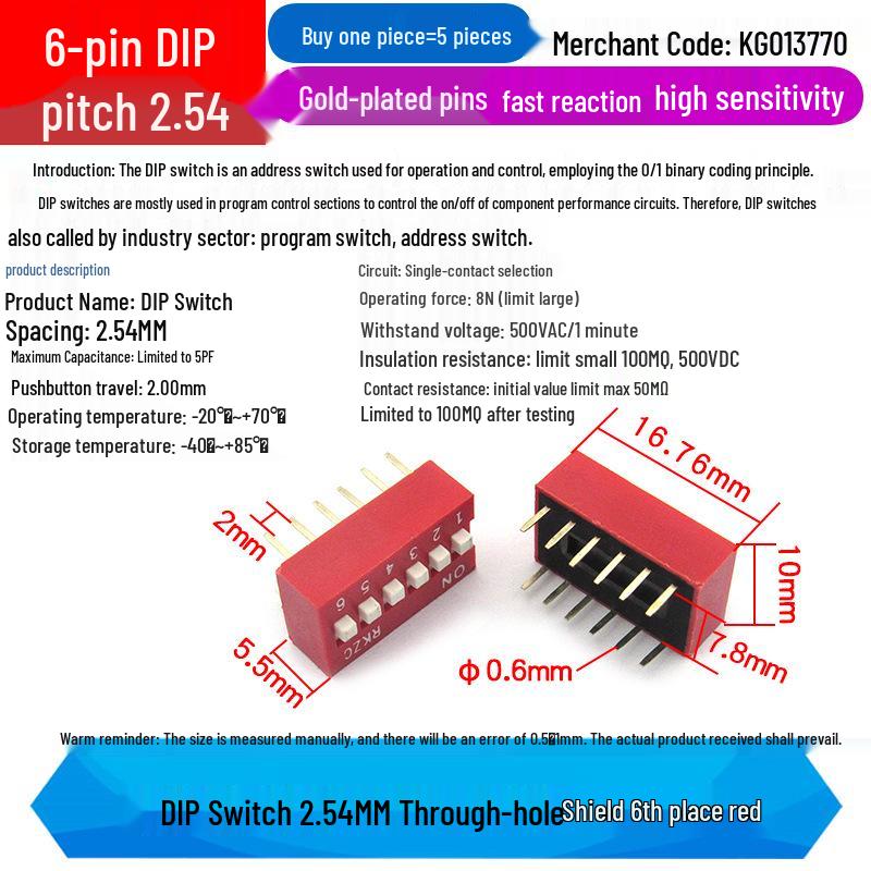 SMD DIP Switch, Flat Toggle, 2P 4-10 Positions, 2.54mm, Red/Blue/Black