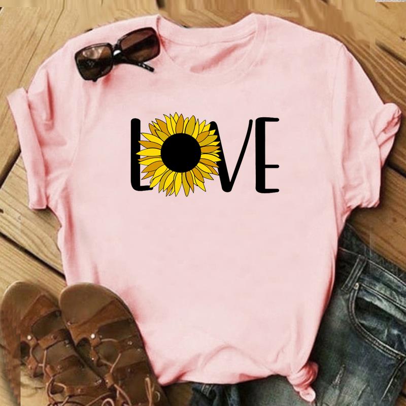 (Азиатский размер)Футболка с надписью «Любовное письмо» и цветочным принтом, милая, сладкая, модная футболка, повседневная, с коротким рукавом, женская, с принтом, женская, графическая футболка