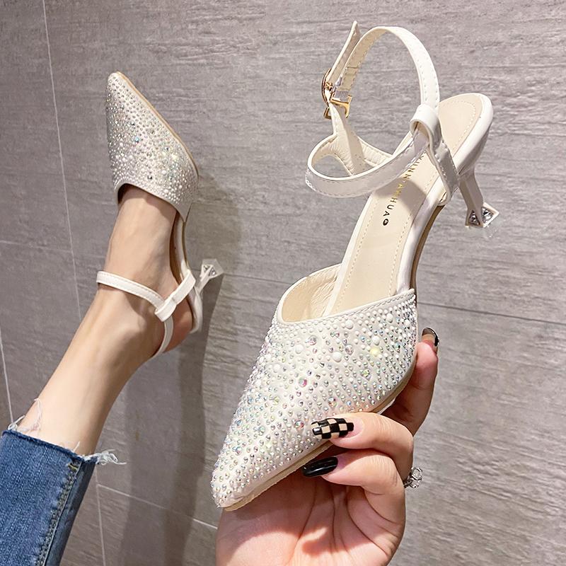 Сексуальные туфли на высоком каблуке с острым носком, женские модные босоножки со стразами, летние дышащие женские туфли-лодочки с ремешком на щиколотке, свадебные туфли