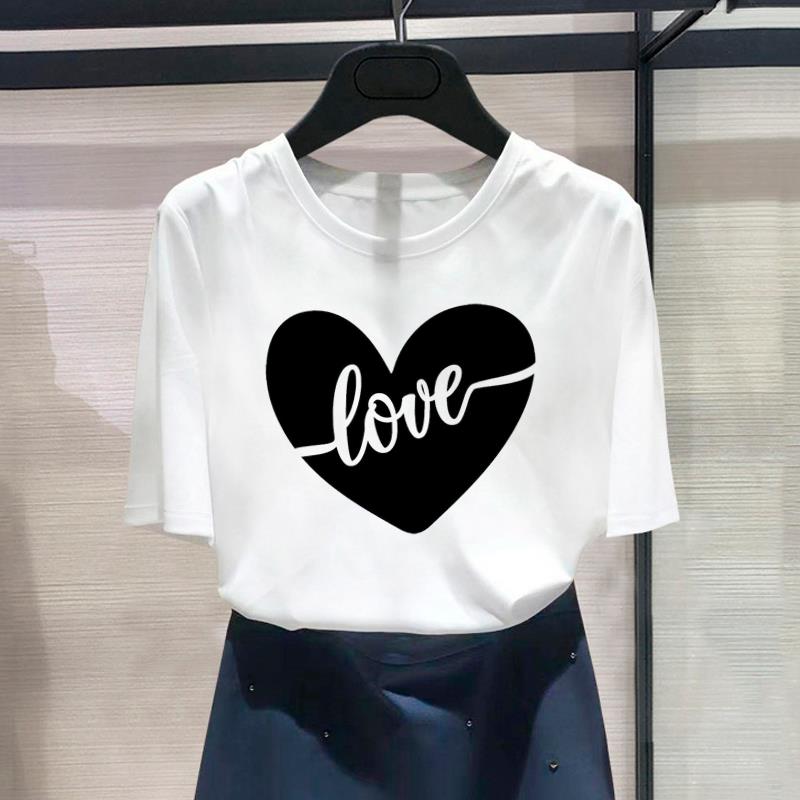 (Азиатский размер) Модная футболка с милым сердечком и принтом в стиле милой графики, женская повседневная футболка, повседневная женская футболка с коротким рукавом
