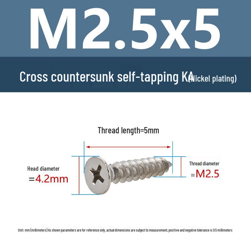 YiguYigu Nickel-Plated Phillips Flat Head Self-Tapping Screws M1-M5, Carbon Steel