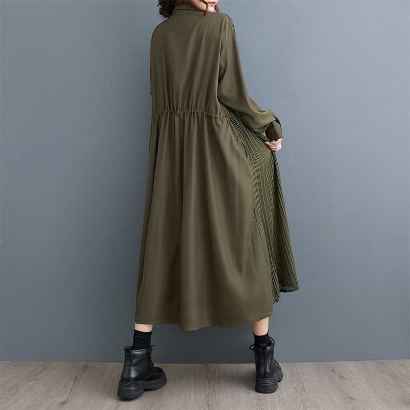 Women's Turn Down Collar Long Sleeve Loose Fit Pleated Midi Shirt Dress Casual