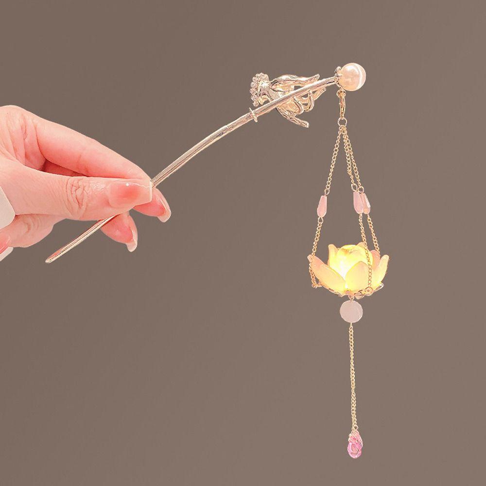 Pearl LED Light Hair Fork Lotus Luminous Lotus Hairpin Headwear Lantern Hair Stick Girls