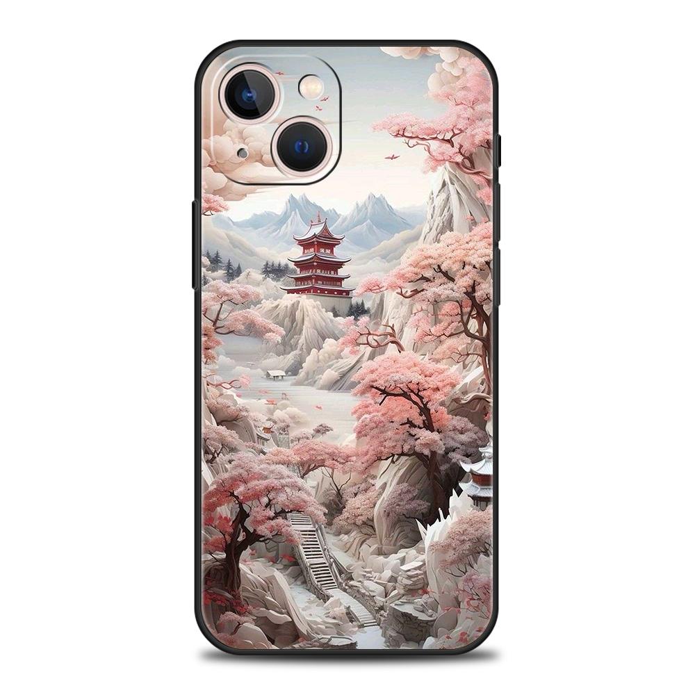 Мягкий ТПУ чехол для телефона iPhone 16/15/14/13/12/Pro/Max/16E/11/Pro/7/8/Plus/XS/Max, ударопрочный, в китайском стиле, с рисунком пейзажа
