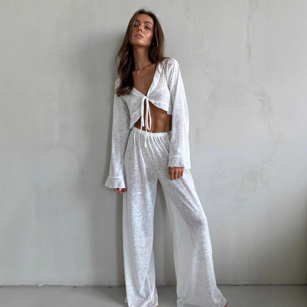 Women's 2 Piece Outfits Pajama Sets Long Sleeve Lounge Sets Pjs Sleepwear Sexy Drawstring Crop Tops and Soft Wide Leg Pants Slouchy Set for Women