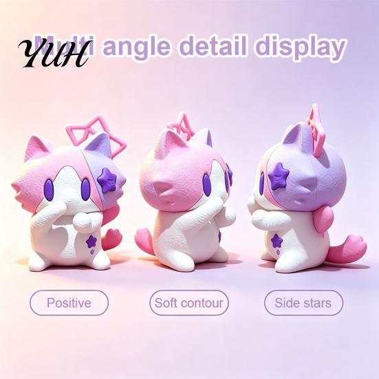 Miniature Home Office Decoration Cute 3D Printed Cat Figurine, Cartoon Desk Ornament with Playful Mouth Covering Decor Stars Design, Compact