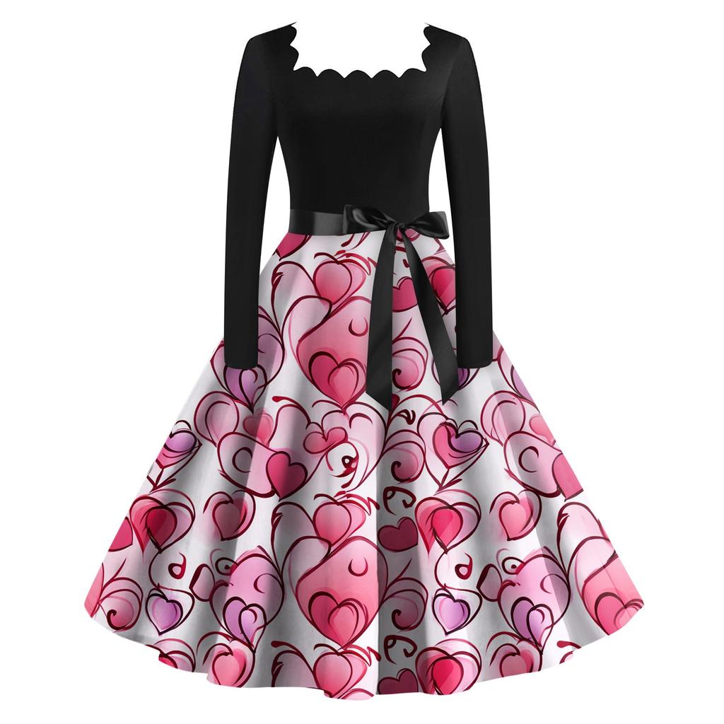 Женское винтажное классическое платье с длинным рукавом и принтом на День святого Валентина с квадратным вырезом и распашным платьем