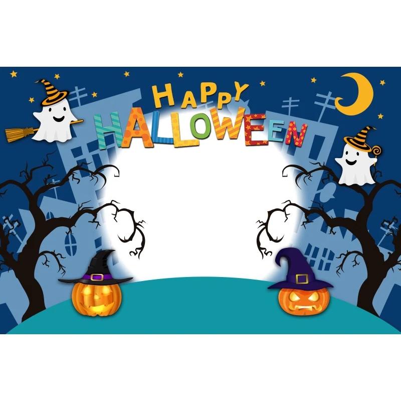 1pc Blue Halloween Party Backdrop with Night Moon Gothic Castle Pumpkin Bats Ghost Banner for Halloween Themed Party Decoration